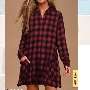Burgundy Plaid Long Sleeve Shirt Dress